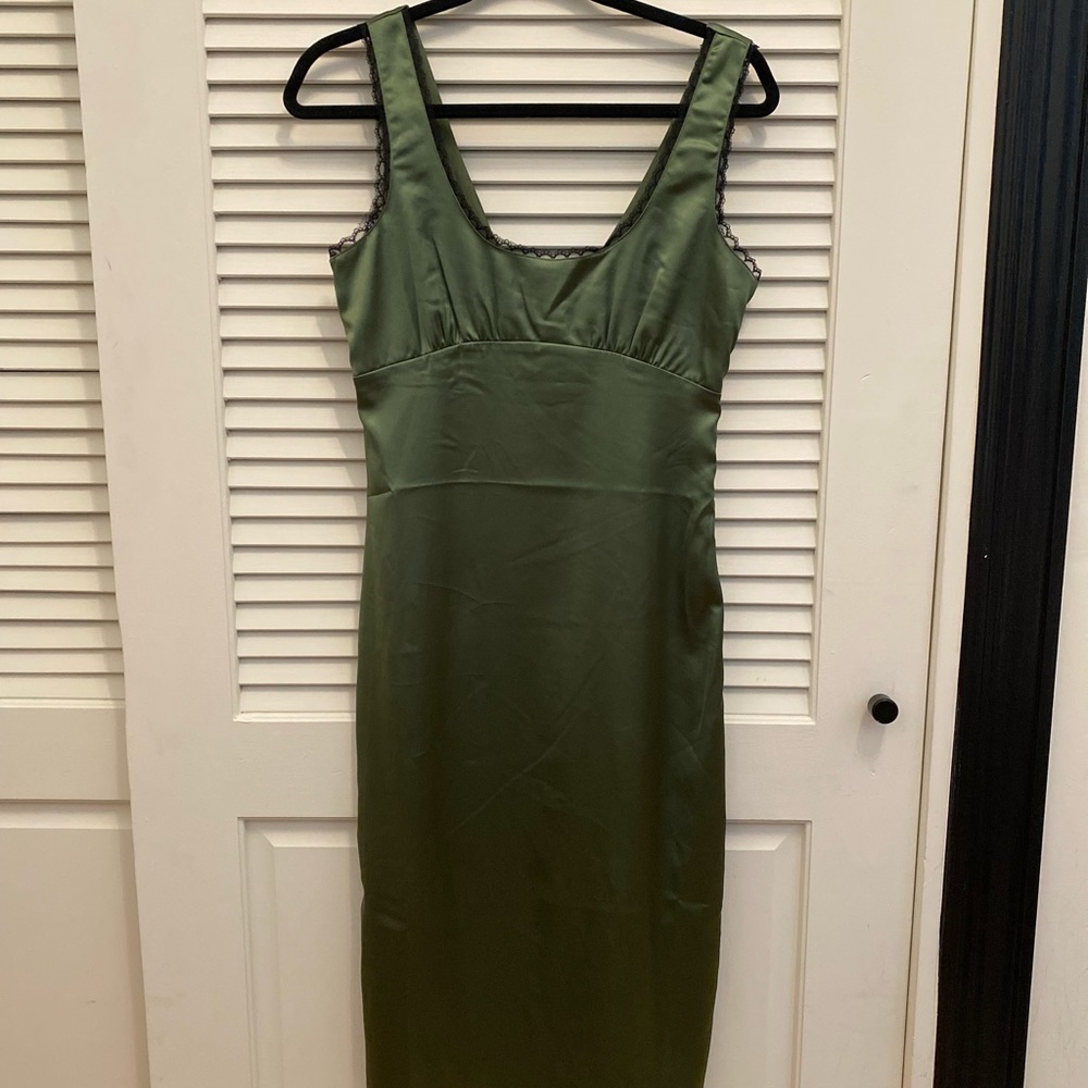 Olive green satin midi dress with lace detail NWT